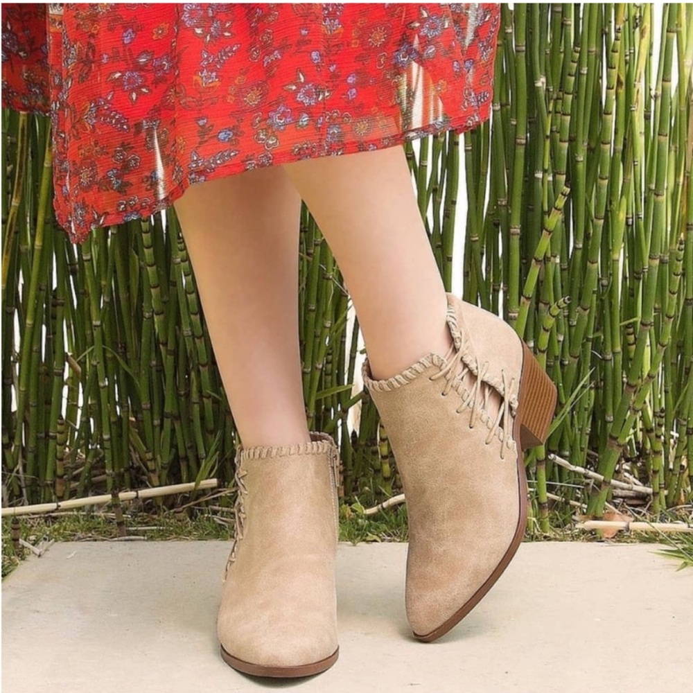 Ankle boots booties side stitch beige tan open slip on block heel leather cutout